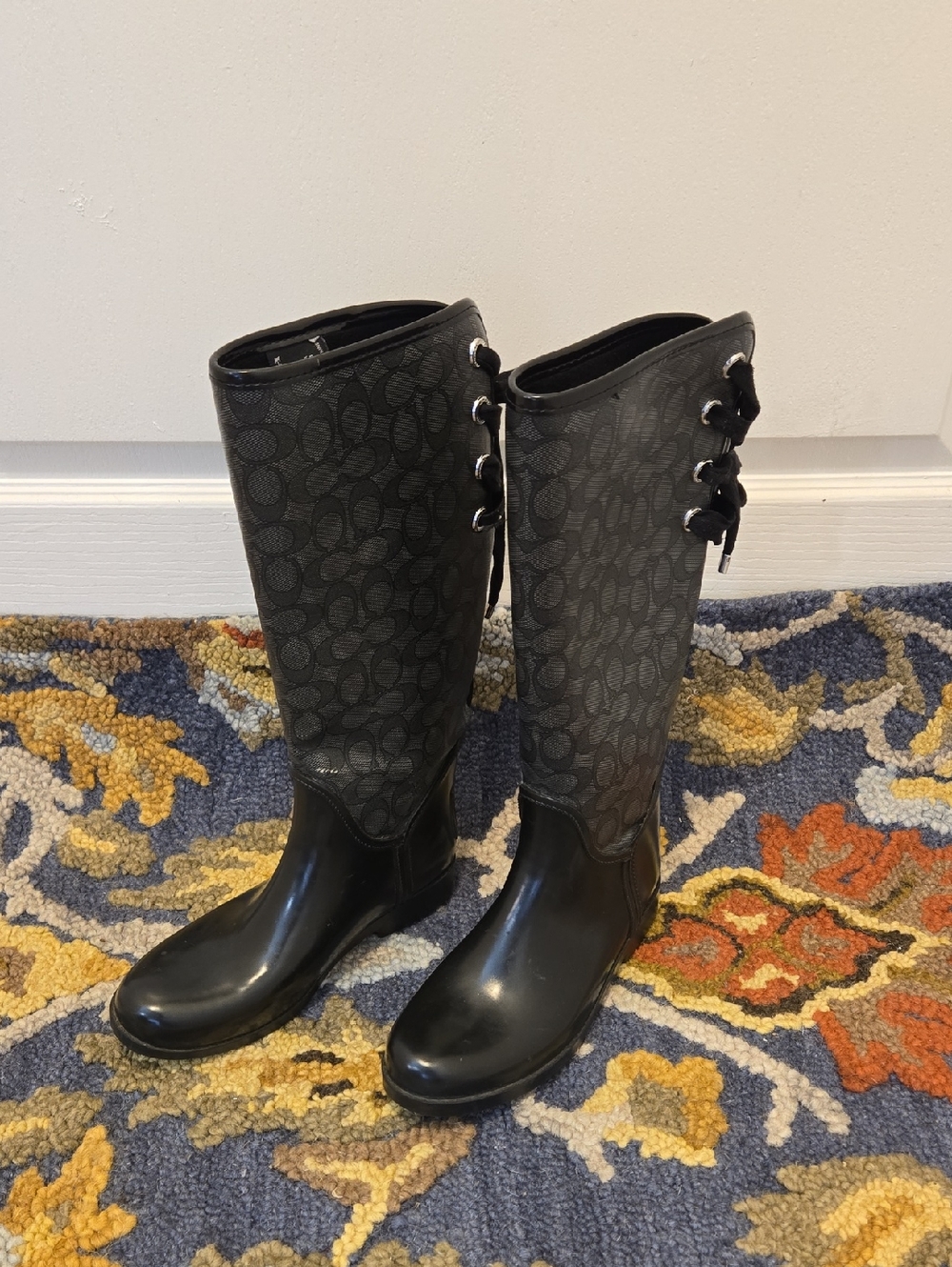 🌧🌷Women's COACH Tristee Lace-Up Corset Signature Logo Rain Boots Black Size 8B